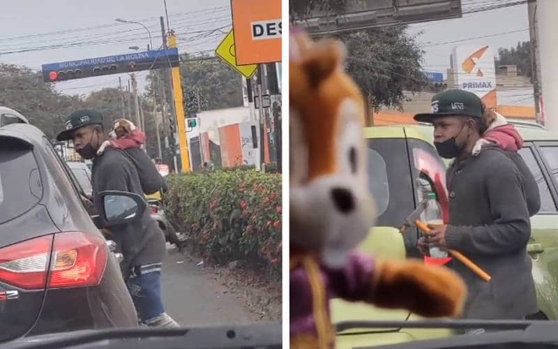 le propriétaire porte un chien sur le dos en essayant de survivre dans les rues